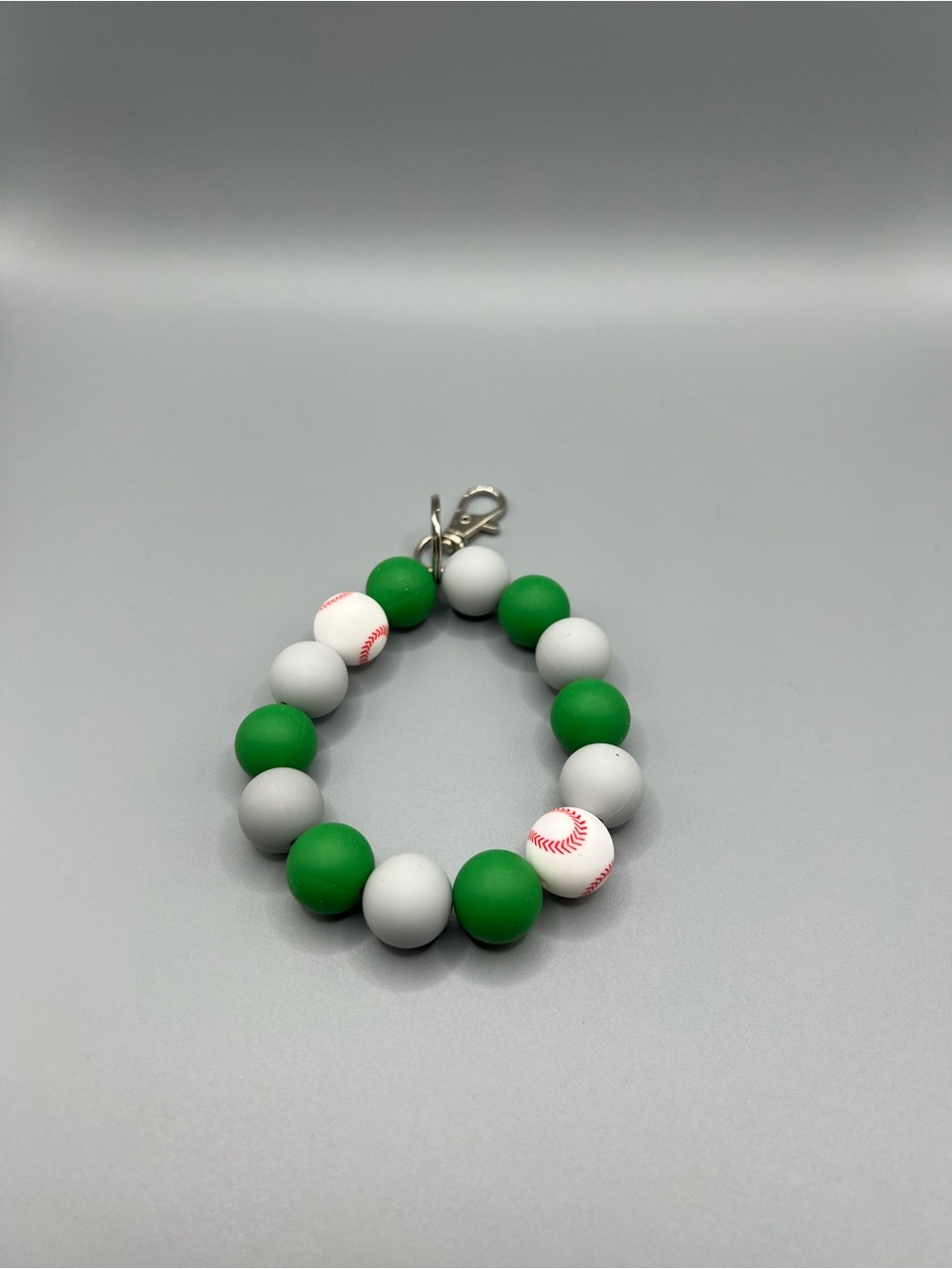 Green and White Baseball Bead Keychain - Handmade - K0297C